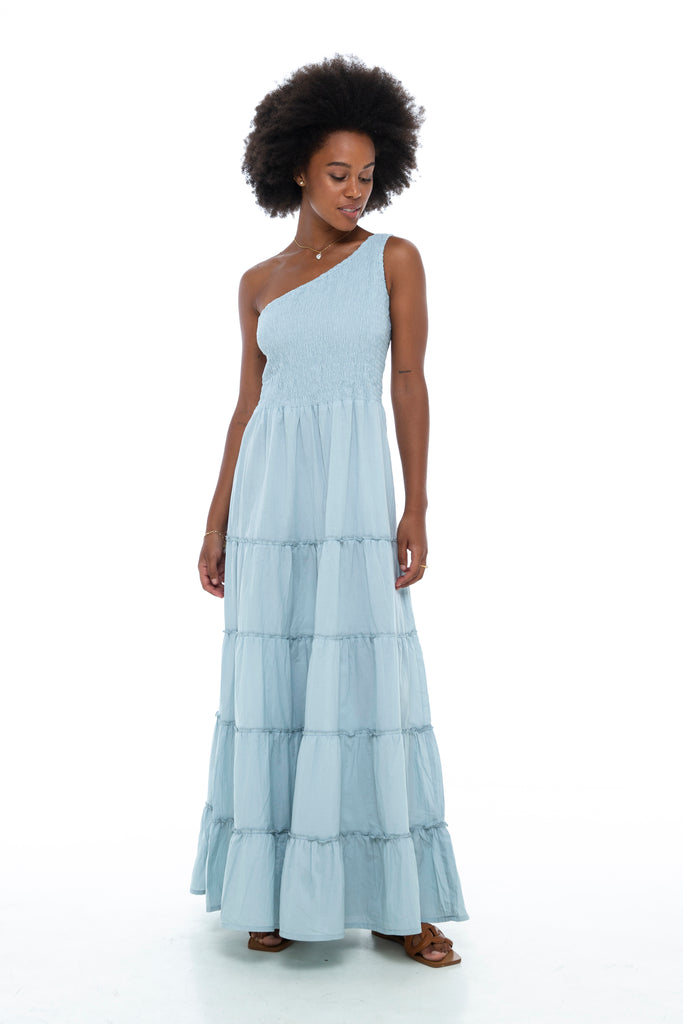 Brushed Cotton One Shoulder Maxi Dress Indigo / X-Small Brushed Cotton One Shoulder Maxi Dress Indigo / X-Small
