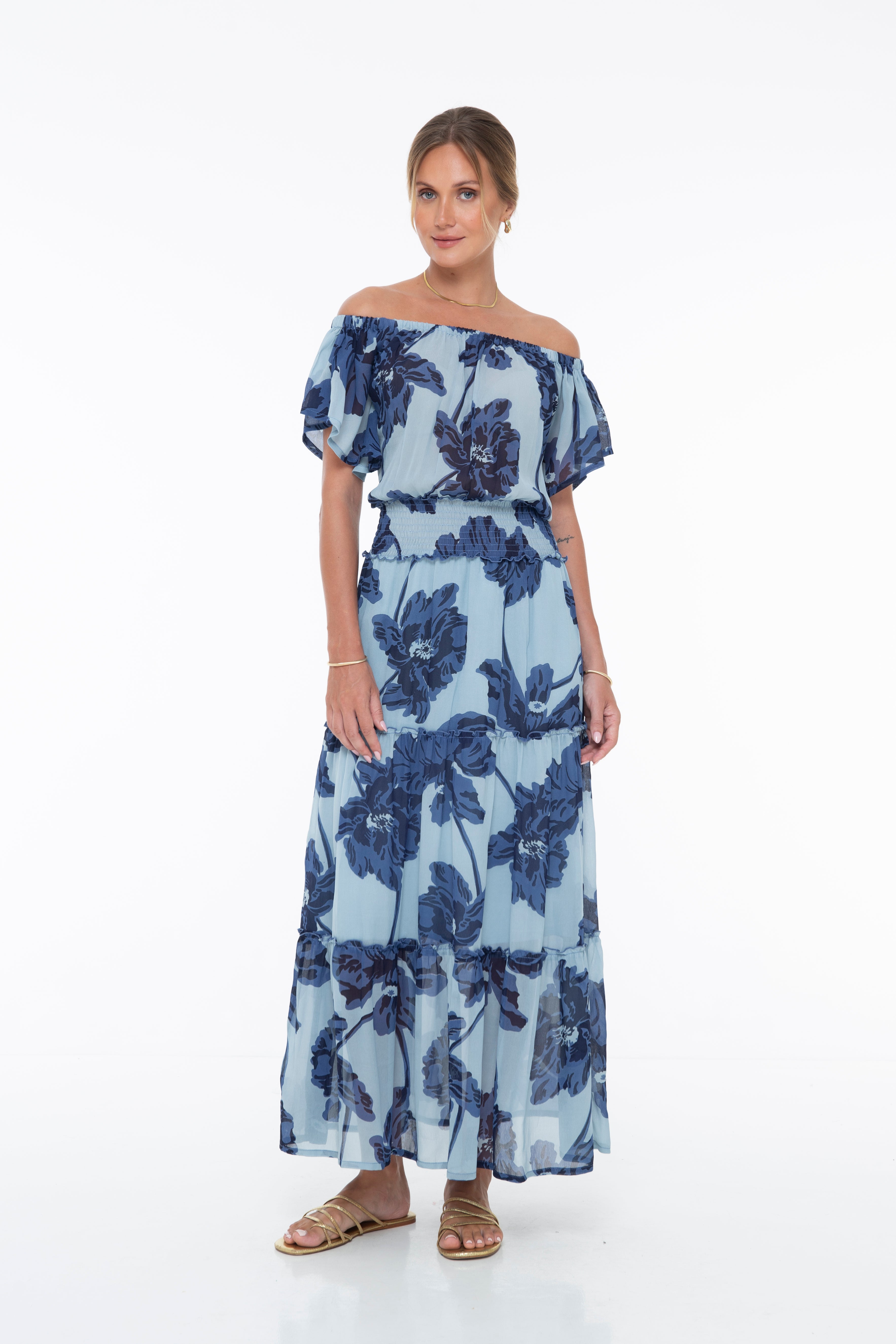 2018 off shoulder maxi floral dress Plus Size - Black Floral Challis Off Shoulder Maxi Dress